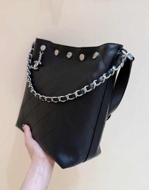 CC 25P Rivet Bucket Bag Silver Hardware in Black Polished Lambskin