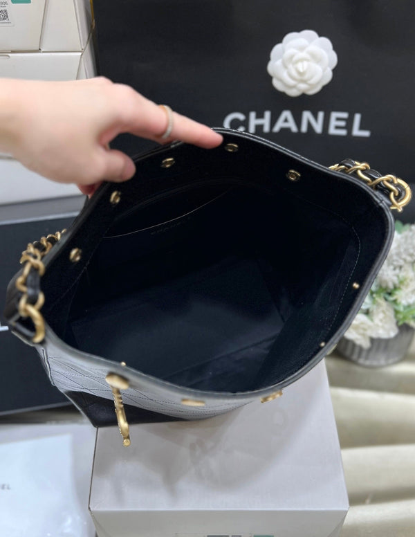 CC 25P Rivet Bucket Bag Gold Hardware in Black Polished Lambskin