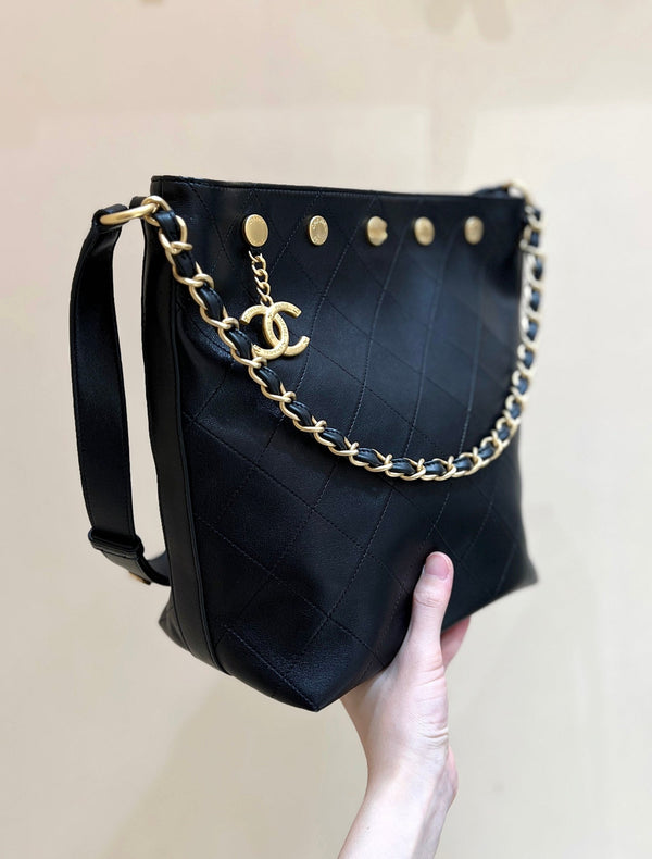 CC 25P Rivet Bucket Bag Gold Hardware in Black Polished Lambskin