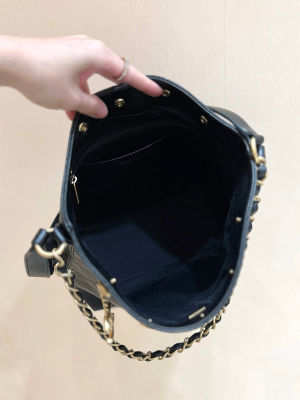 CC 25P Rivet Bucket Bag Gold Hardware in Black Polished Lambskin
