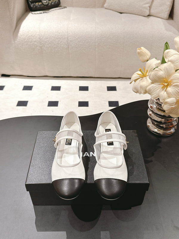 CC 25s Coco Beach Mary Jane Flats White and Black Mesh Cowhide 329016