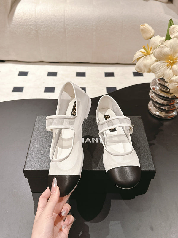 CC 25s Coco Beach Mary Jane Flats White and Black Mesh Cowhide 329016