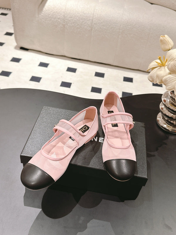 CC 25s Coco Beach Mary Jane Flats Pink and Black Mesh Cowhide 329018