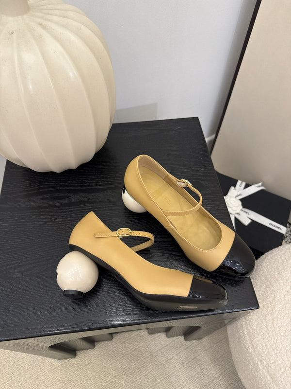 CC 25A Double C Giant Pearl Heel Mary Janes Beige Cowhide 127022