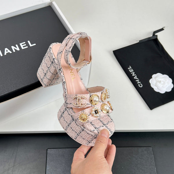 Chanel 25P High-heeled Sandals Pink Tweed Leather 175334