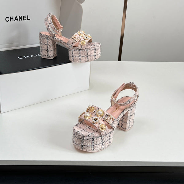 Chanel 25P High-heeled Sandals Pink Tweed Leather 175334
