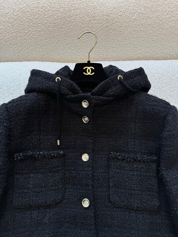 CC 25B Black Plaid Hooded Tweed Jacket