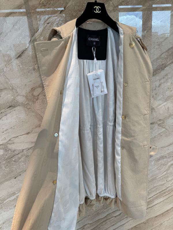 CC 25B Hidden Logo Trench Long Coat Beige Cotton