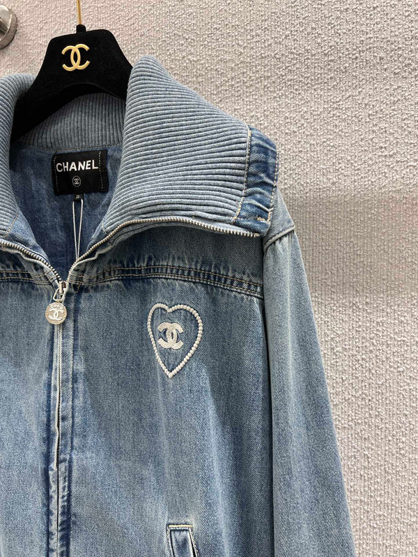 CC 25M Embroidered Lapel Denim Jacket Blue Cotton
