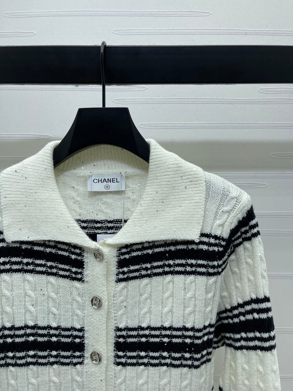CC 25 Striped Knit Cardigan White Wool