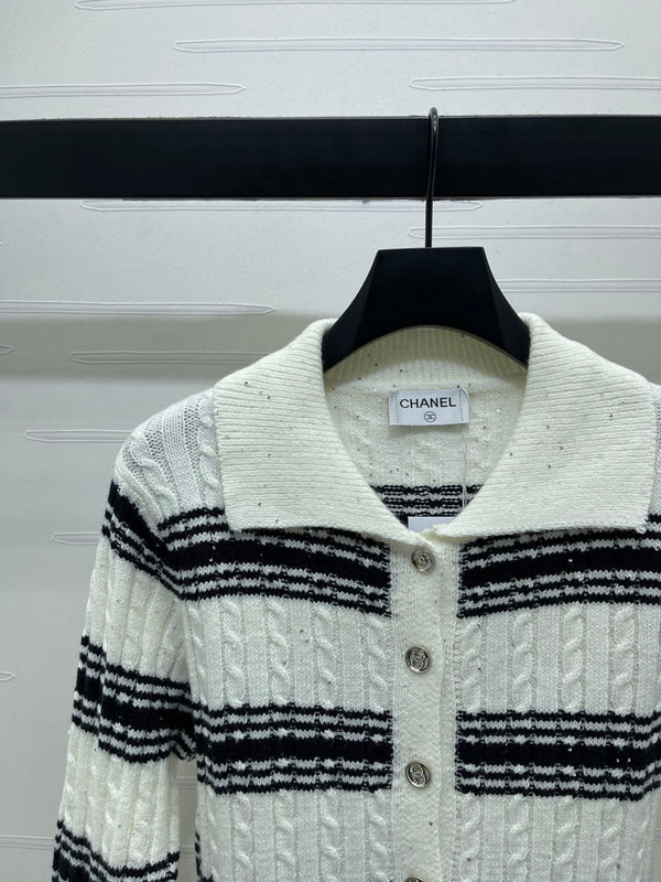 CC 25 Striped Knit Cardigan White Wool