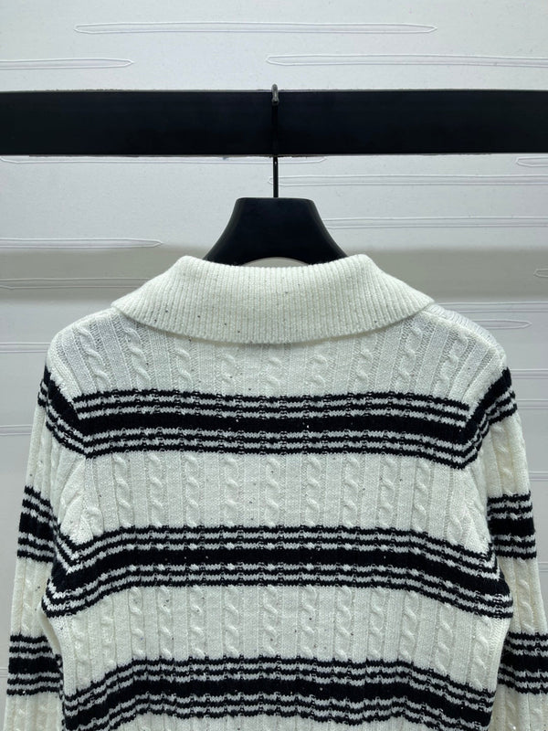CC 25 Striped Knit Cardigan White Wool
