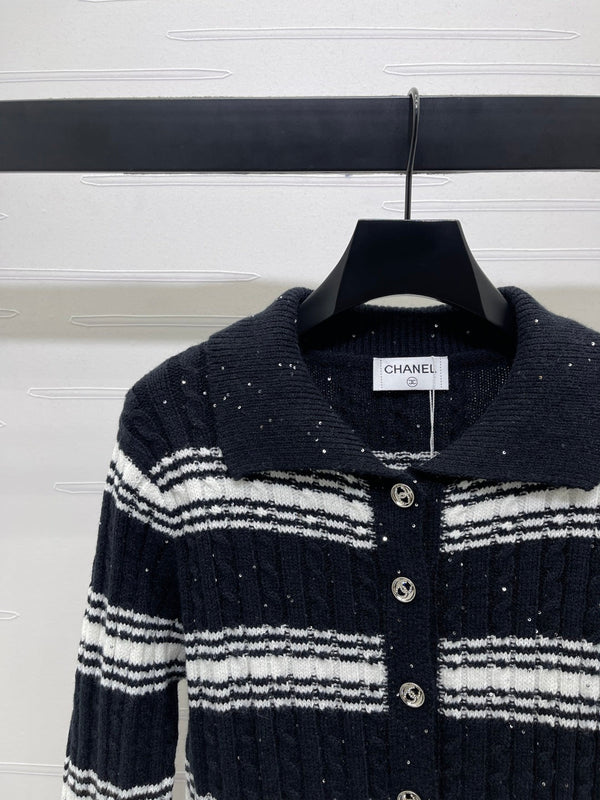 CC 25 Striped Knit Cardigan Black Wool
