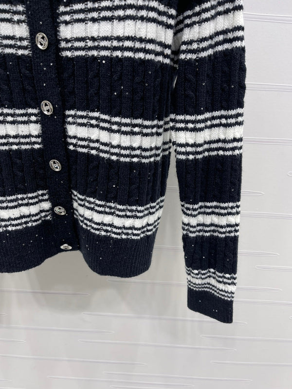 CC 25 Striped Knit Cardigan Black Wool