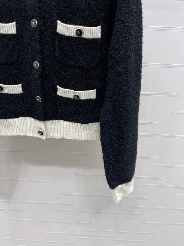 CC 25 Two-Tone Pocket Knit Cardigan Black Wool