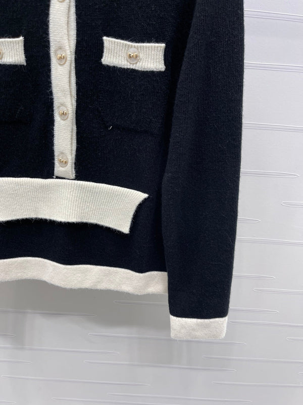 CC 25F Round-Neck Knitted Long-Sleeved Cardigan Black Wool