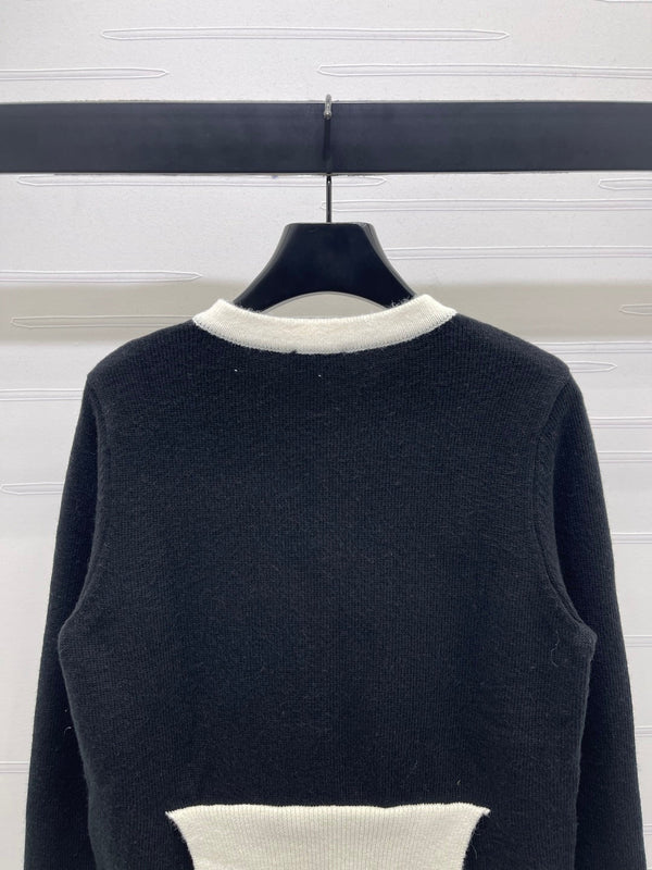 CC 25F Round-Neck Knitted Long-Sleeved Cardigan Black Wool