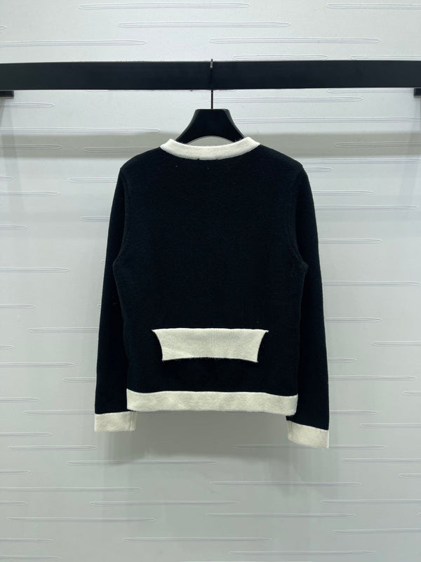 CC 25F Round-Neck Knitted Long-Sleeved Cardigan Black Wool