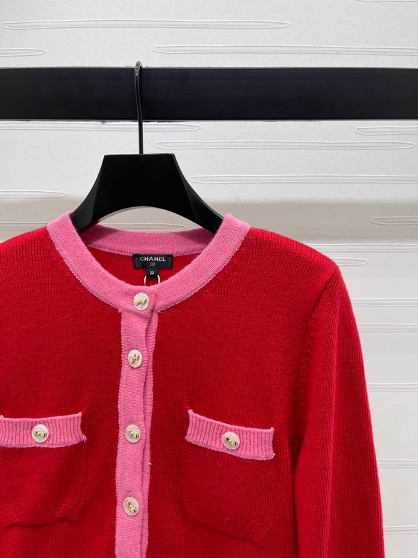 CC 25F Round-Neck Knitted Long-Sleeved Cardigan Red Wool