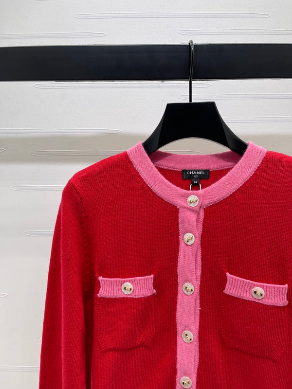 CC 25F Round-Neck Knitted Long-Sleeved Cardigan Red Wool