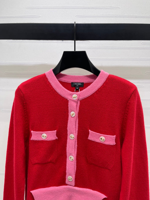 CC 25F Round-Neck Knitted Long-Sleeved Cardigan Red Wool