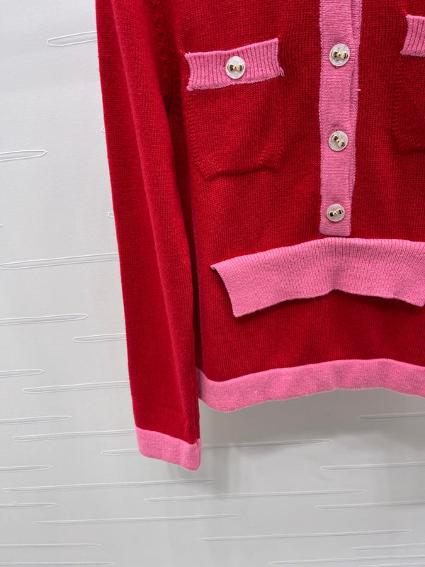 CC 25F Round-Neck Knitted Long-Sleeved Cardigan Red Wool