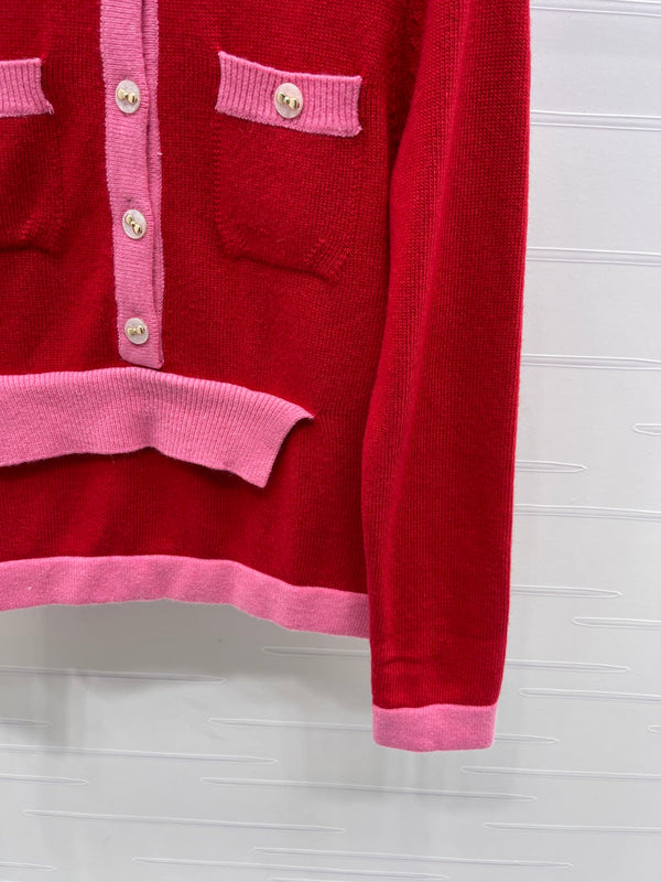 CC 25F Round-Neck Knitted Long-Sleeved Cardigan Red Wool