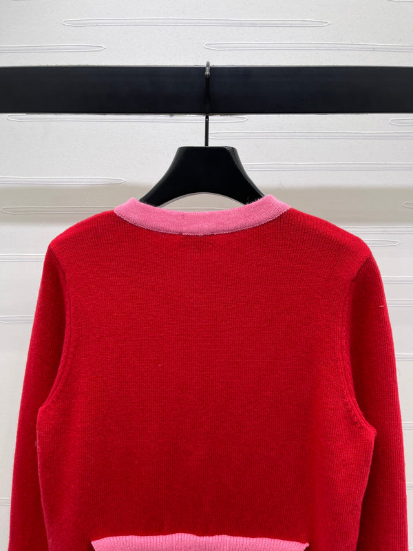 CC 25F Round-Neck Knitted Long-Sleeved Cardigan Red Wool