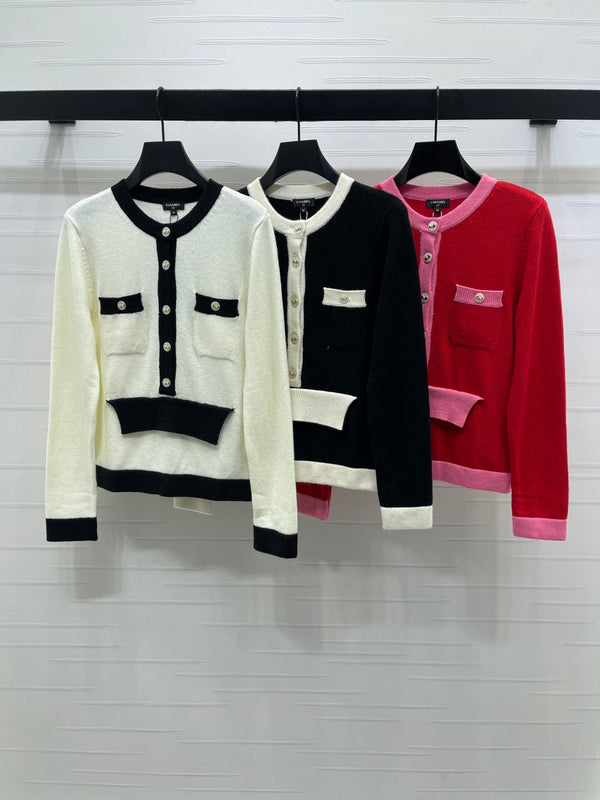 CC 25F Round-Neck Knitted Long-Sleeved Cardigan White Wool