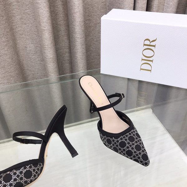 CD High Heeled Mule Crystal Black Sheepskin 460071