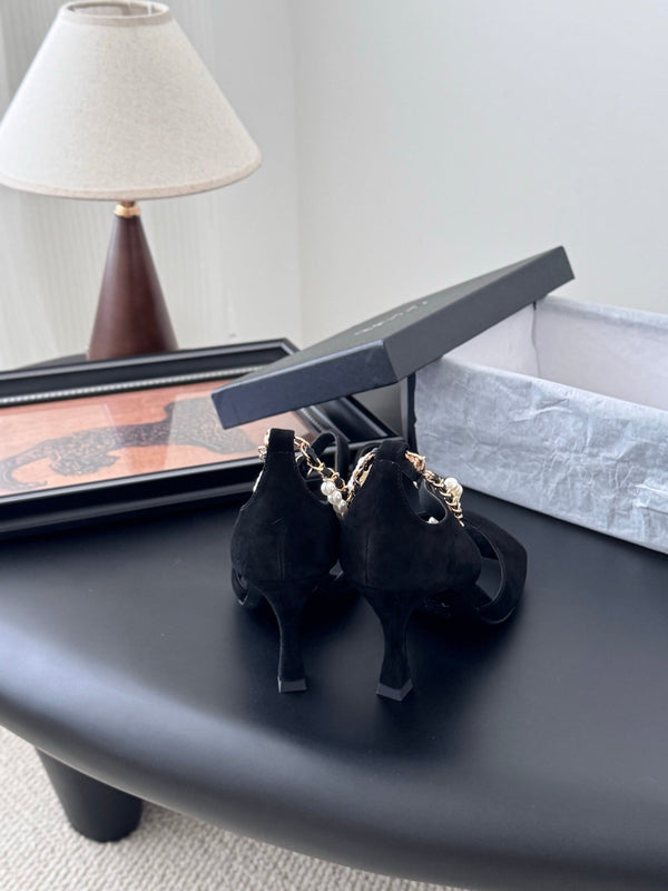 CC 25B Mary Janes 85mm High Heel Pearl Strap Black Suede