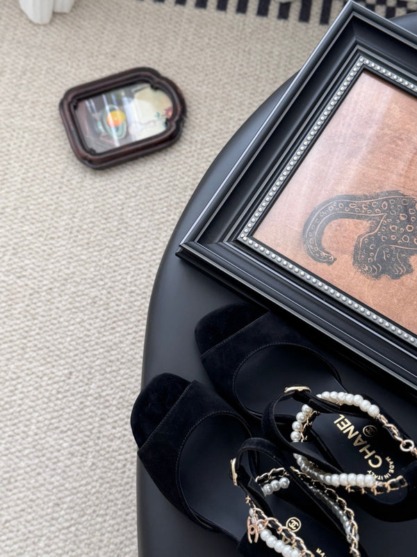 CC 25B Mary Janes 85mm High Heel Pearl Strap Black Suede