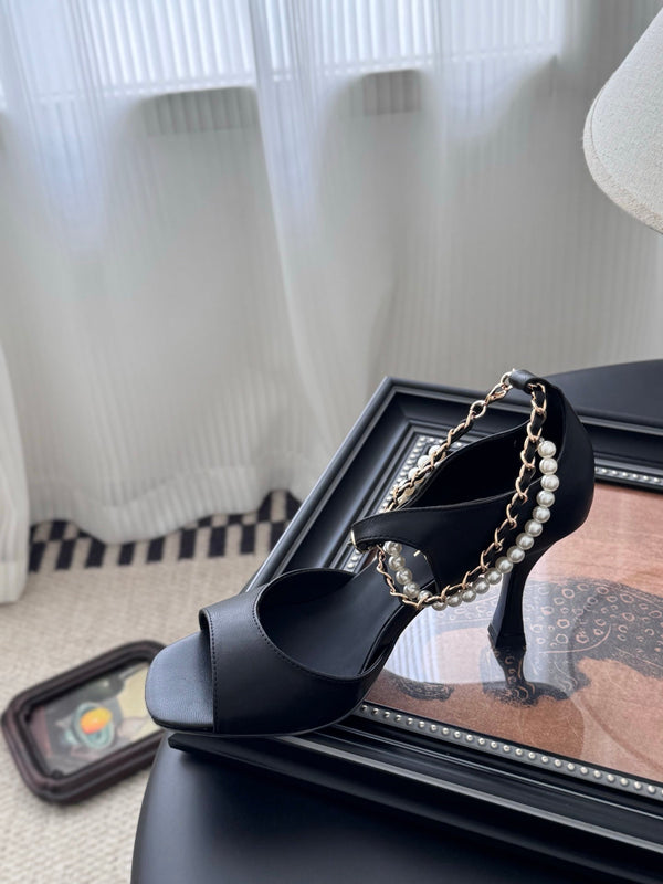 CC 25B Mary Janes 85mm High Heel Pearl Strap Black Sheepskin