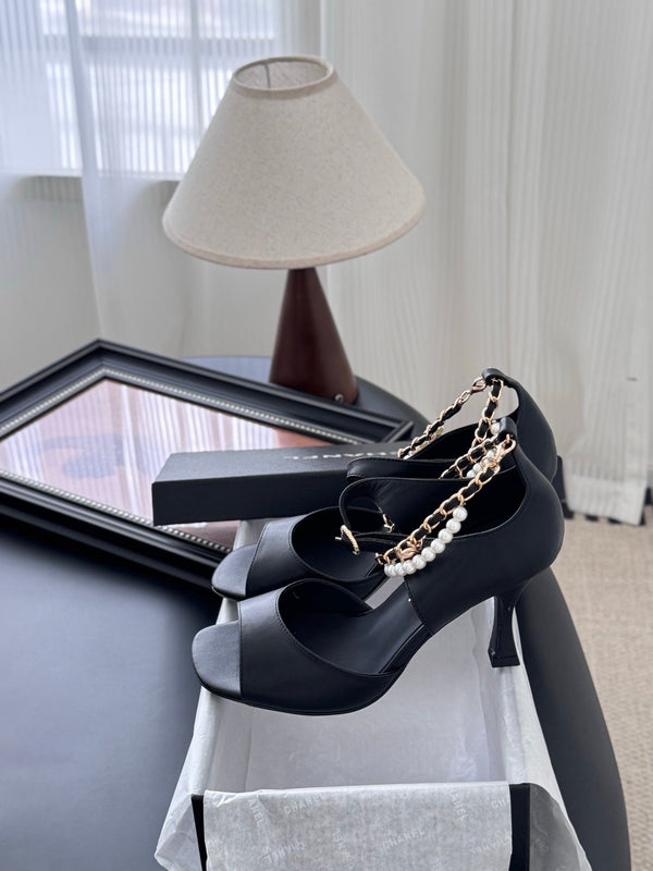 CC 25B Mary Janes 85mm High Heel Pearl Strap Black Sheepskin