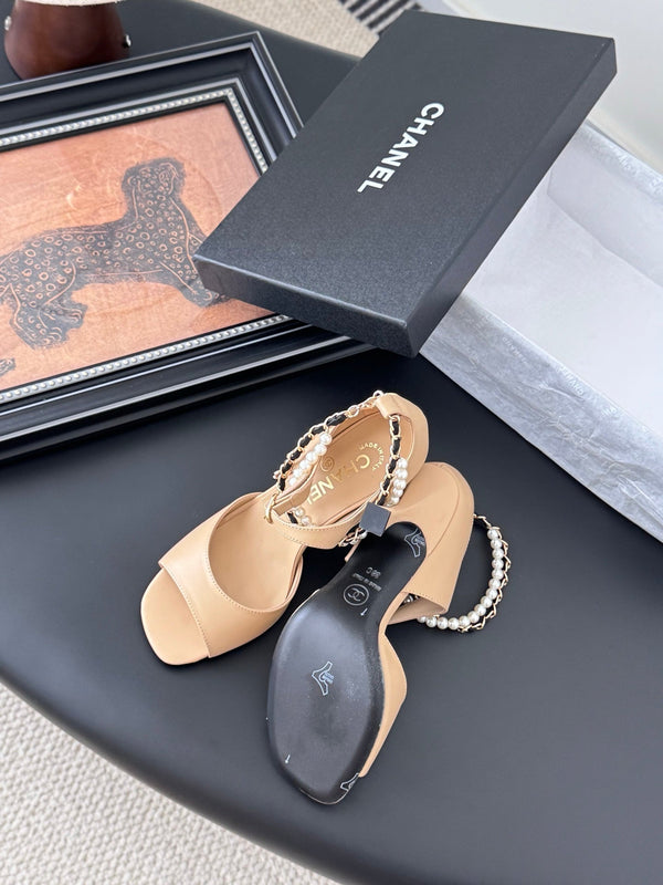 CC 25B Mary Janes 85mm High Heel Pearl Strap Beige Sheepskin