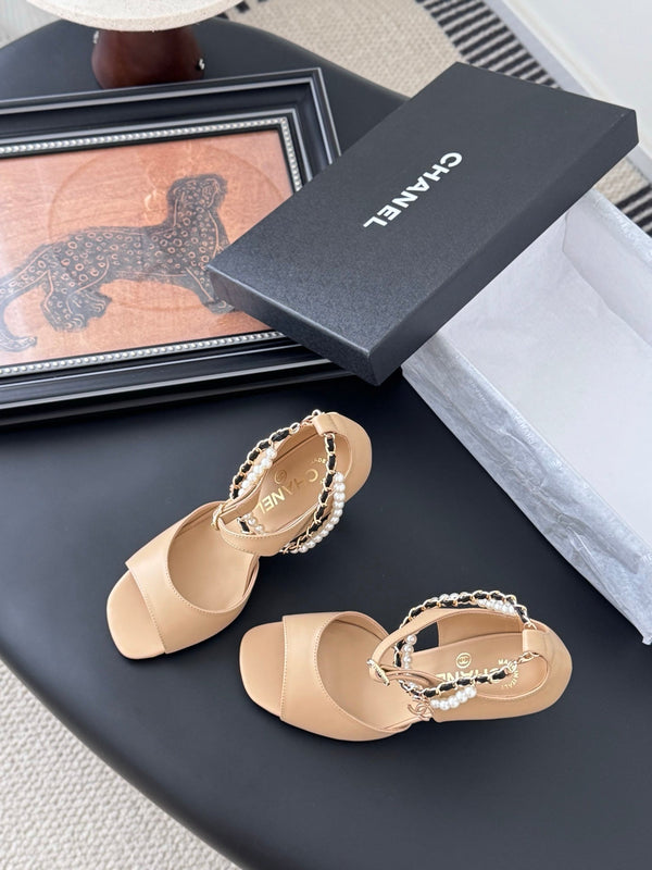 CC 25B Mary Janes 85mm High Heel Pearl Strap Beige Sheepskin