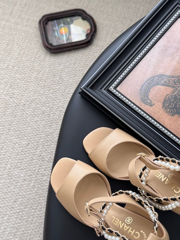 CC 25B Mary Janes 85mm High Heel Pearl Strap Beige Sheepskin