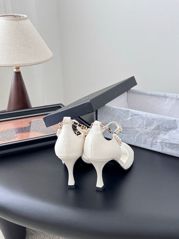 CC 25B Mary Janes 85mm High Heel Pearl Strap White Sheepskin