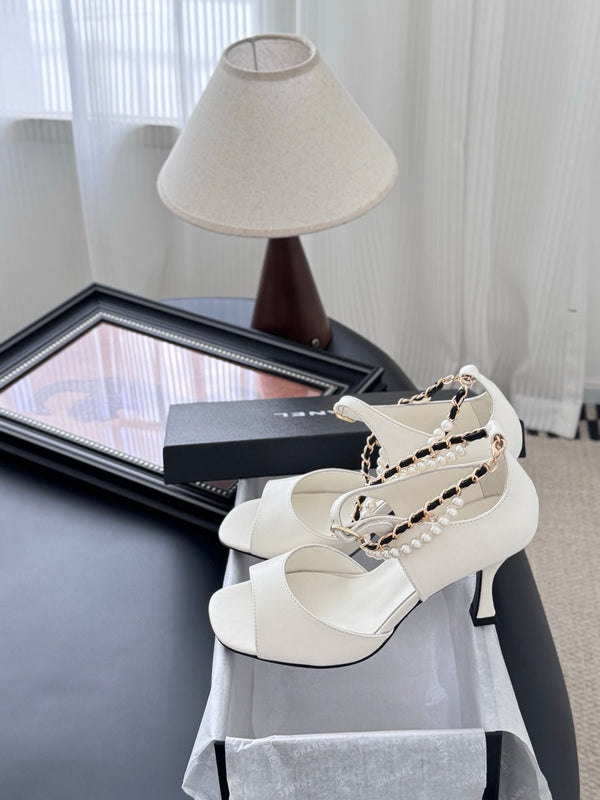 CC 25B Mary Janes 85mm High Heel Pearl Strap White Sheepskin