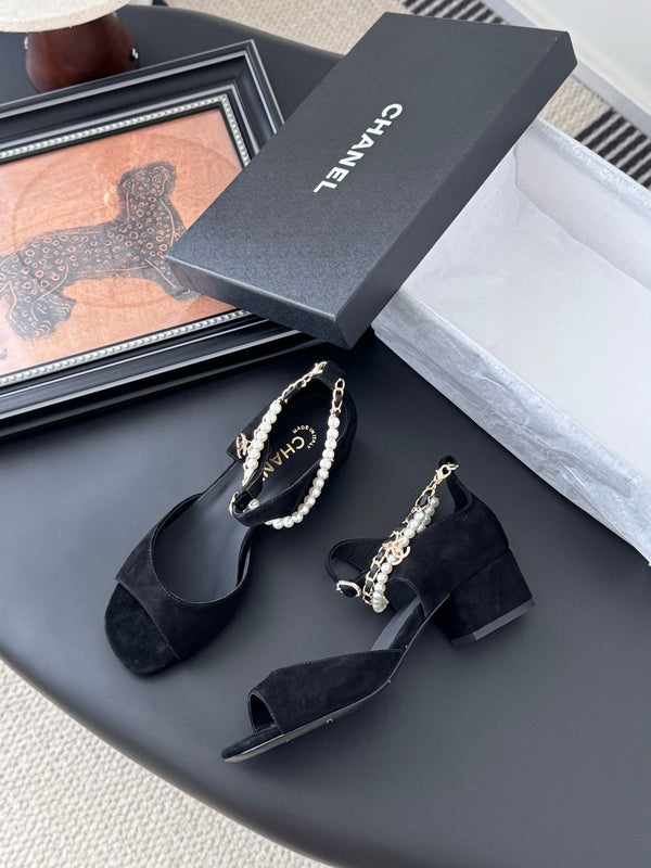 CC 25B Mary Janes 55mm High Heel Pearl Strap Black Suede