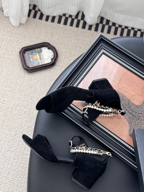 CC 25B Mary Janes 55mm High Heel Pearl Strap Black Suede