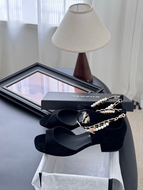 CC 25B Mary Janes 55mm High Heel Pearl Strap Black Suede