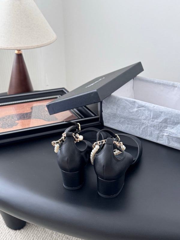 CC 25B Mary Janes 55mm High Heel Pearl Strap Black Sheepskin