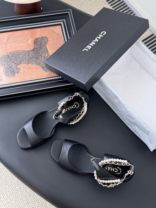 CC 25B Mary Janes 55mm High Heel Pearl Strap Black Sheepskin