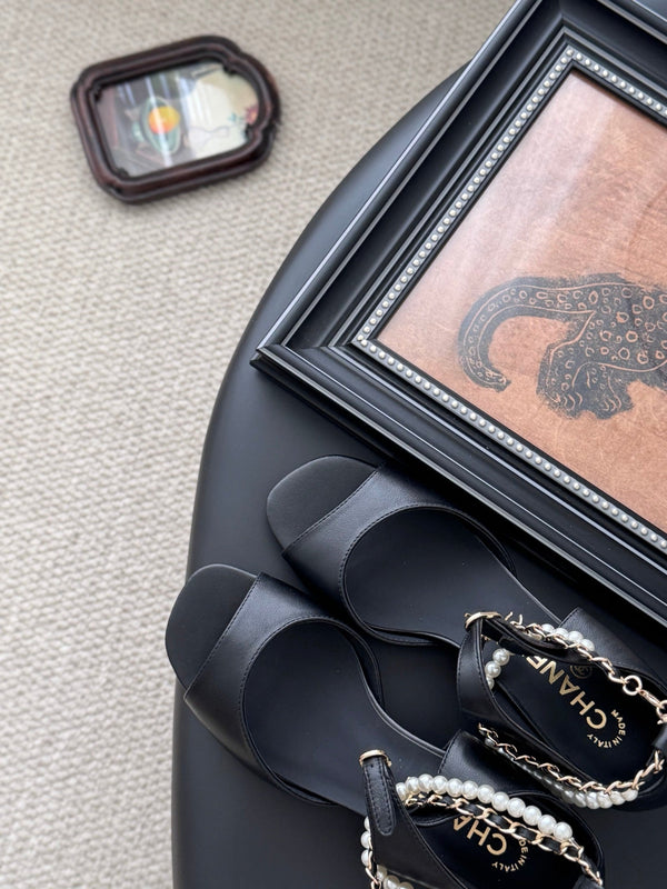 CC 25B Mary Janes 55mm High Heel Pearl Strap Black Sheepskin