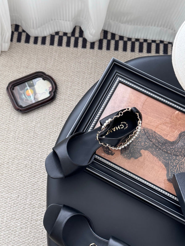 CC 25B Mary Janes 55mm High Heel Pearl Strap Black Sheepskin