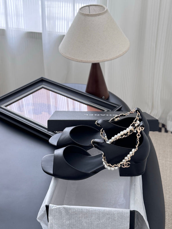 CC 25B Mary Janes 55mm High Heel Pearl Strap Black Sheepskin