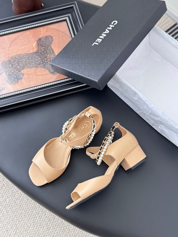 CC 25B Mary Janes 55mm High Heel Pearl Strap Beige Sheepskin