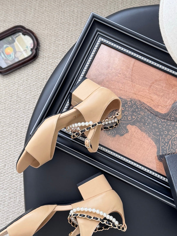 CC 25B Mary Janes 55mm High Heel Pearl Strap Beige Sheepskin