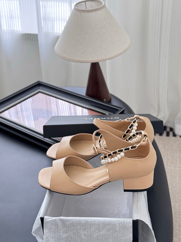 CC 25B Mary Janes 55mm High Heel Pearl Strap Beige Sheepskin